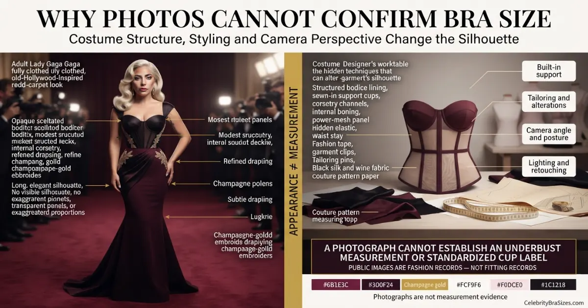 Lady Gaga style and garment support context explaining why photographs cannot confirm bra size