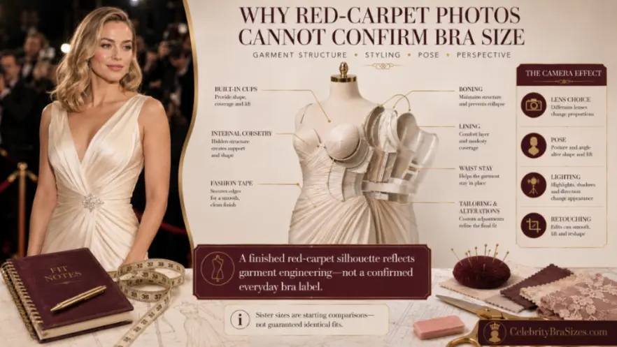 Margot Robbie style and garment support context explaining why photographs cannot confirm bra size