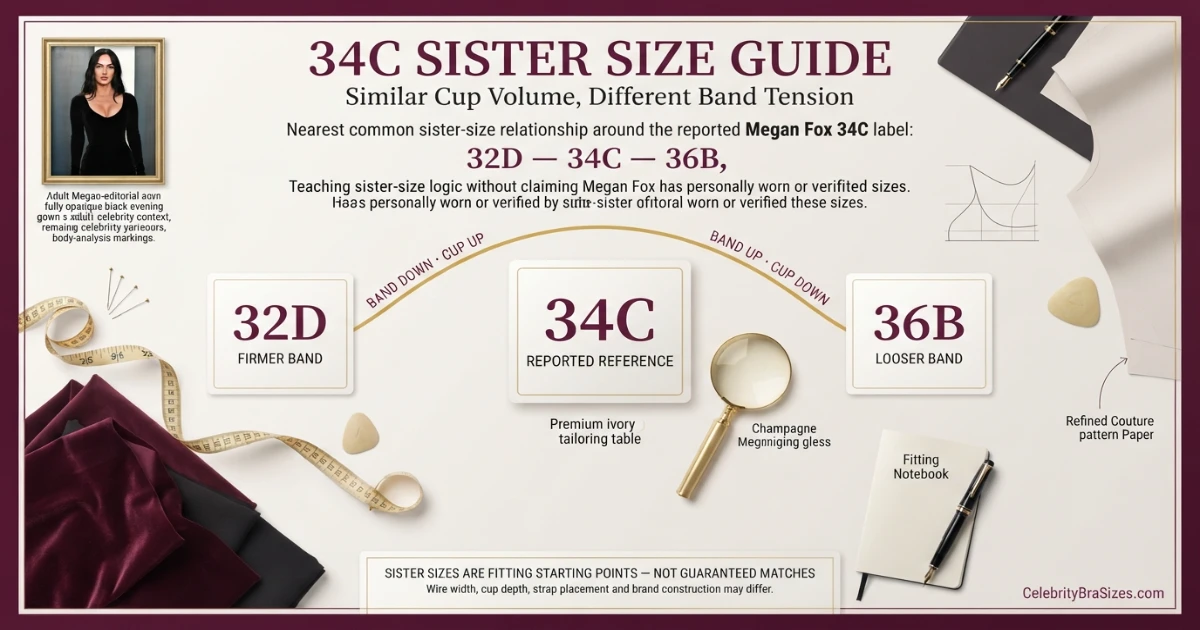 Megan Fox reported 34C sister size guide showing 32D and 36B