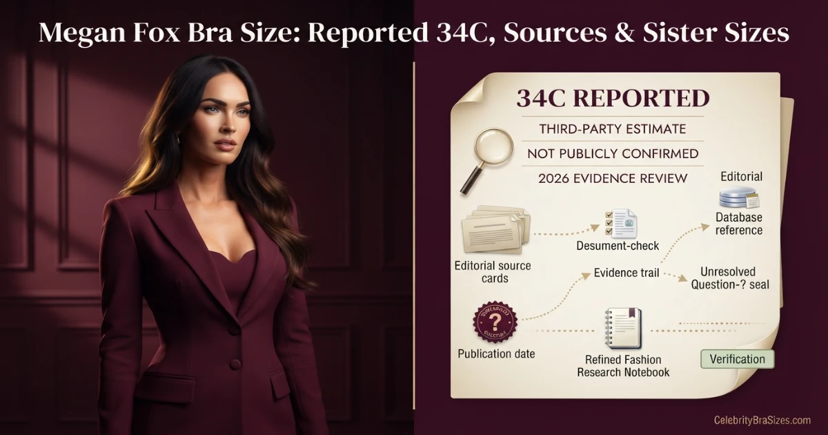 Megan Fox bra size source guide showing the 34C reported claim and its evidence status