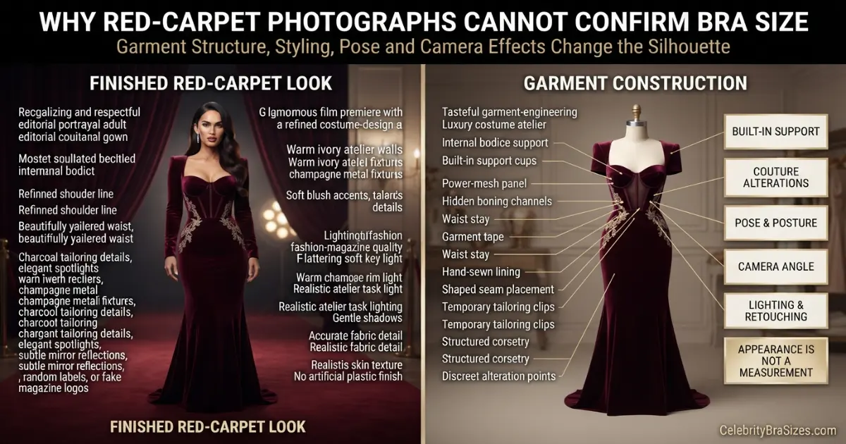 Megan Fox style and garment support context explaining why photographs cannot confirm bra size