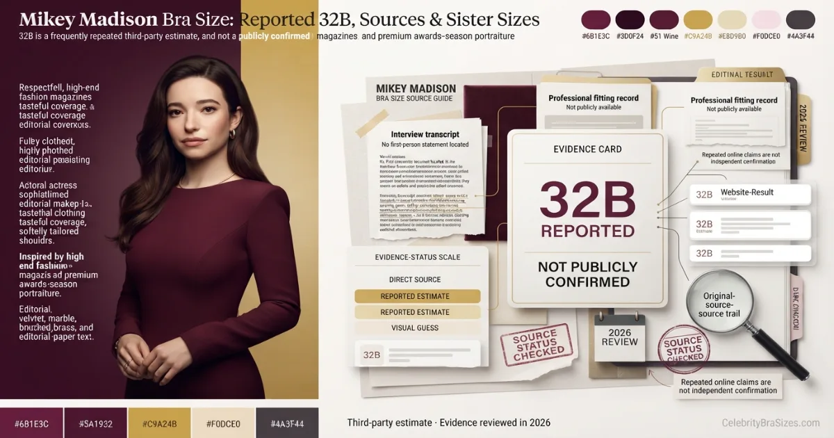 Mikey Madison bra size source guide showing the 32B reported claim and its evidence status