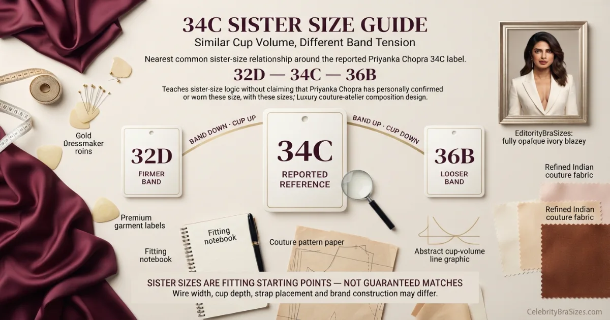 Priyanka Chopra reported 34C sister size guide showing 32D and 36B