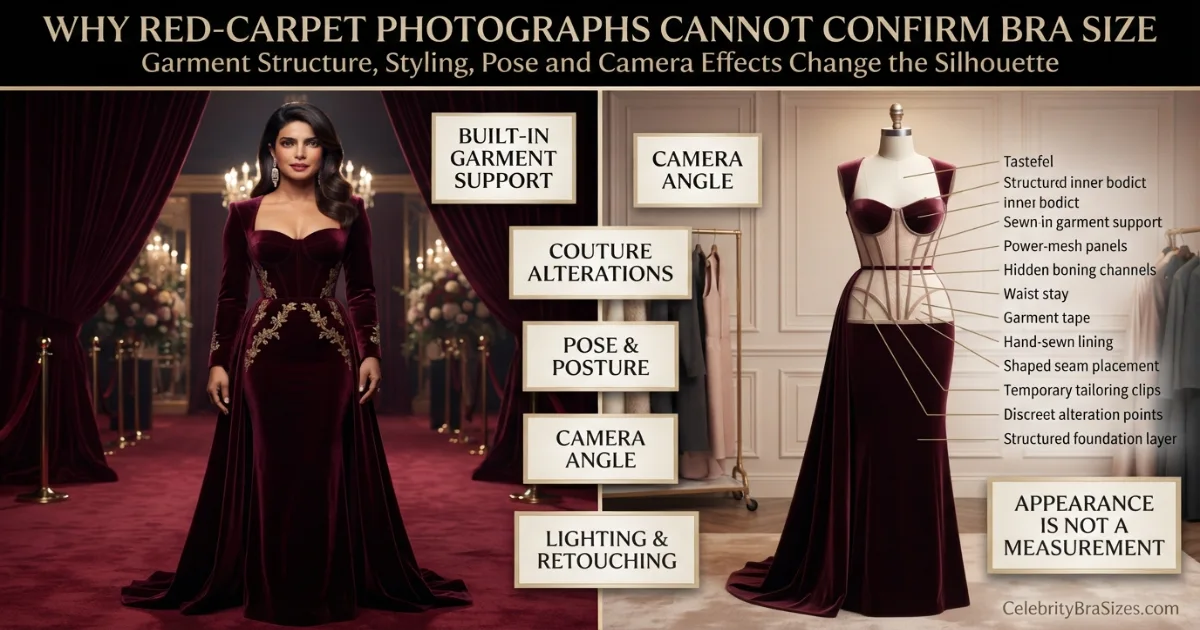 Priyanka Chopra style and garment support context explaining why photographs cannot confirm bra size