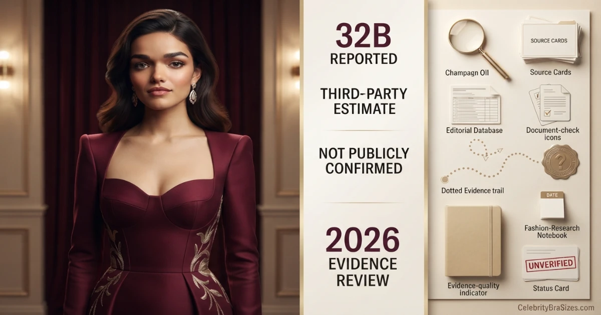 Rachel Zegler bra size source guide showing the 32B reported claim and its evidence status