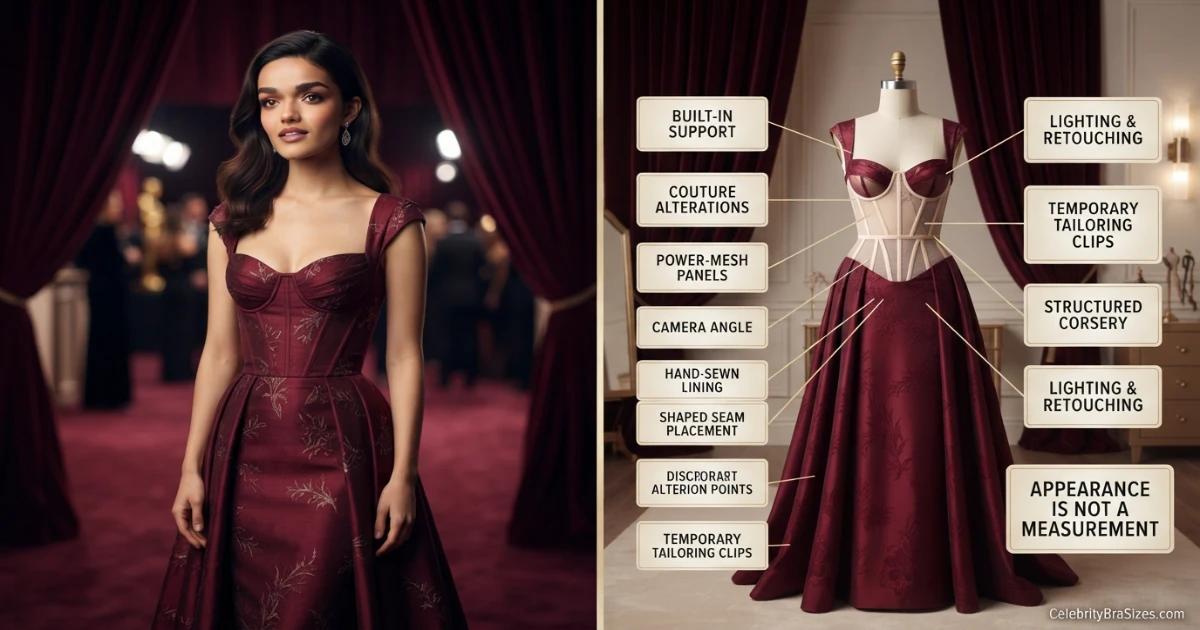 Rachel Zegler style and garment support context explaining why photographs cannot confirm bra size