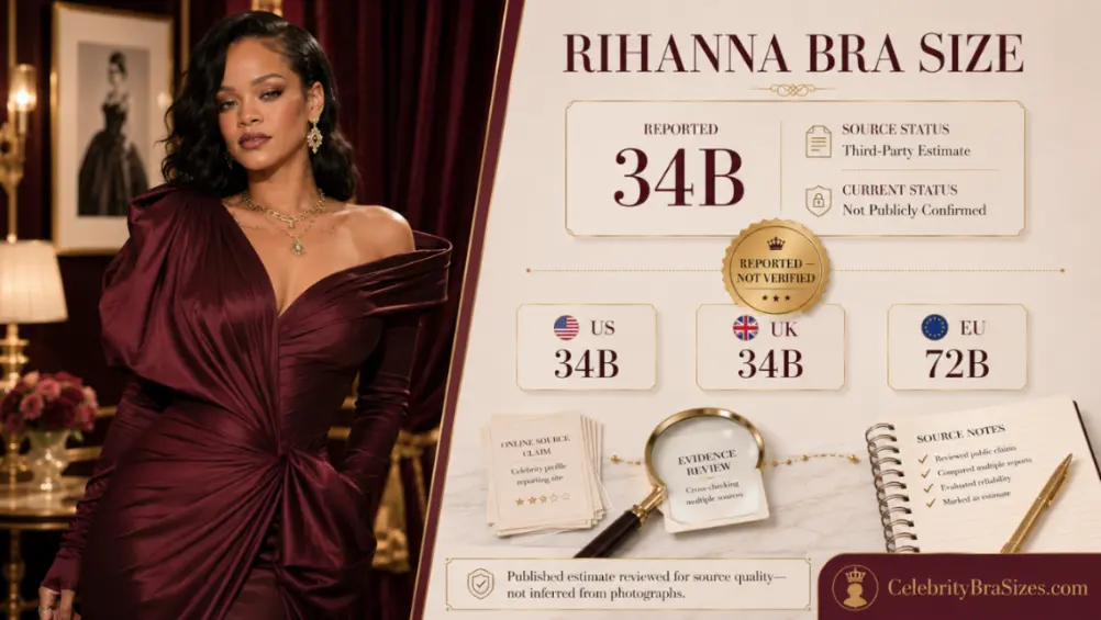 Rihanna bra size source guide showing the 34B reported claim and its evidence status