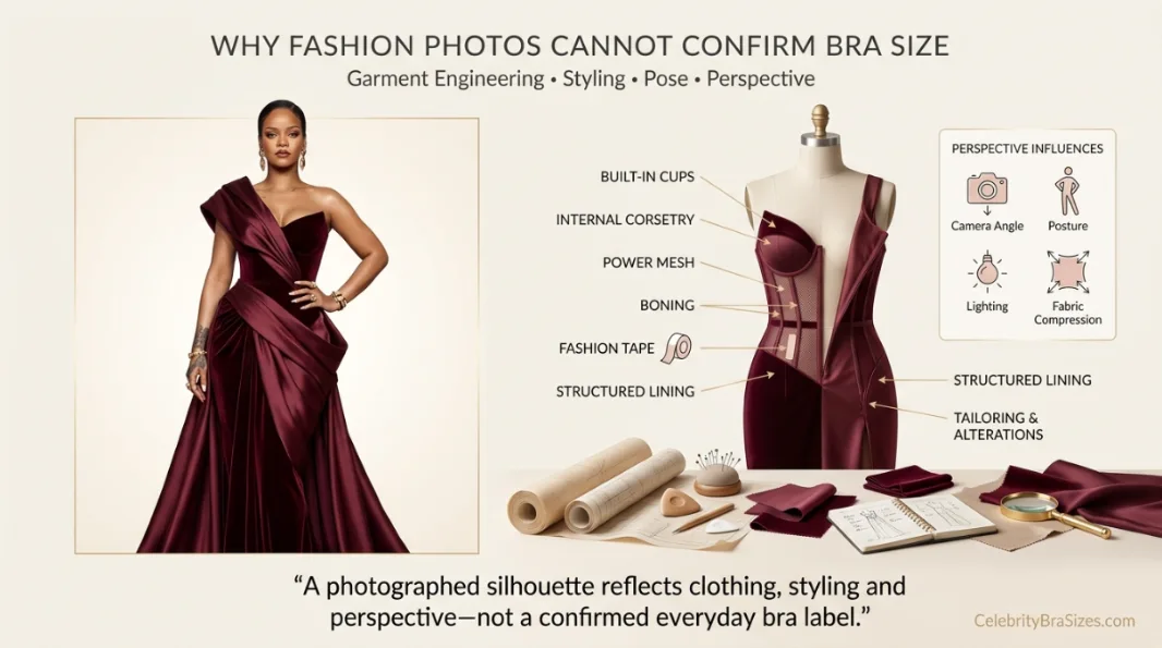 Rihanna style and garment support context explaining why photographs cannot confirm bra size