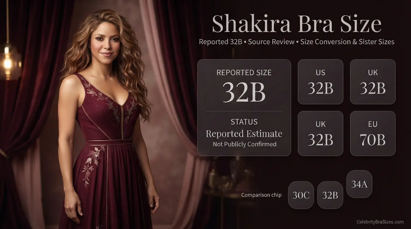 Shakira bra size source guide showing the 32B reported claim and its evidence status