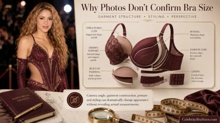 Shakira style and garment support context explaining why photographs cannot confirm bra size