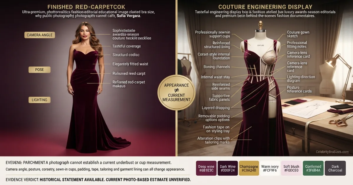 Sofía Vergara style and garment support context explaining why photographs cannot confirm bra size