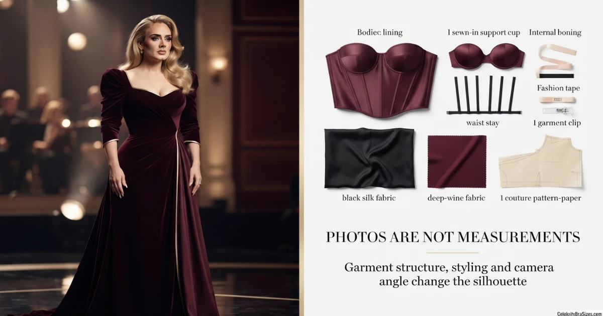 Adele style and garment support context explaining why photographs cannot confirm bra size