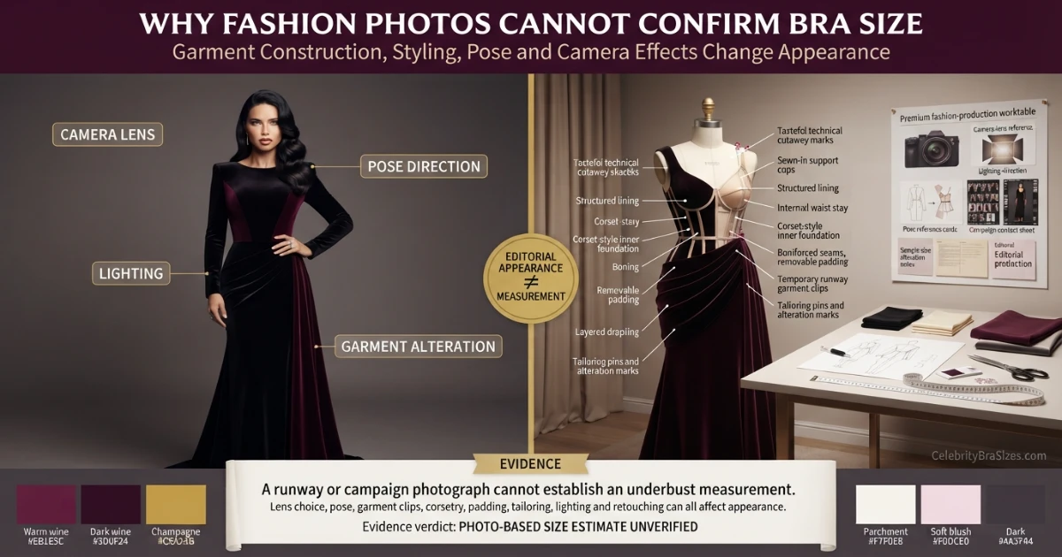 Adriana Lima style and garment support context explaining why photographs cannot confirm bra size
