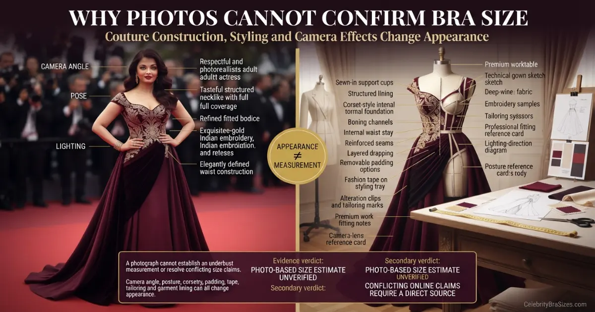 Aishwarya Rai style and garment support context explaining why photographs cannot confirm bra size