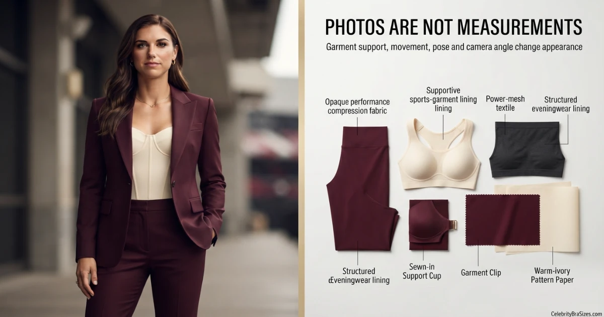 Alex Morgan style and garment support context explaining why photographs cannot confirm bra size