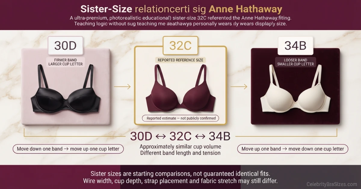 Anne Hathaway reported 32C sister size guide showing 30D and 34B