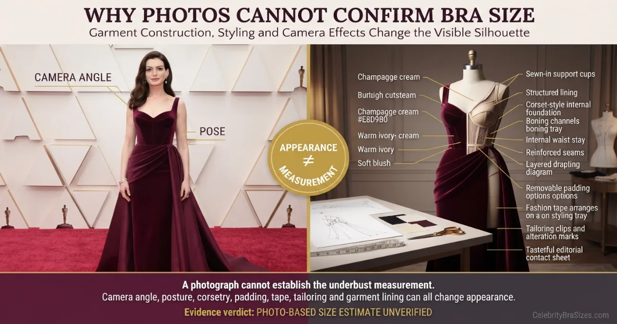 Anne Hathaway style and garment support context explaining why photographs cannot confirm bra size