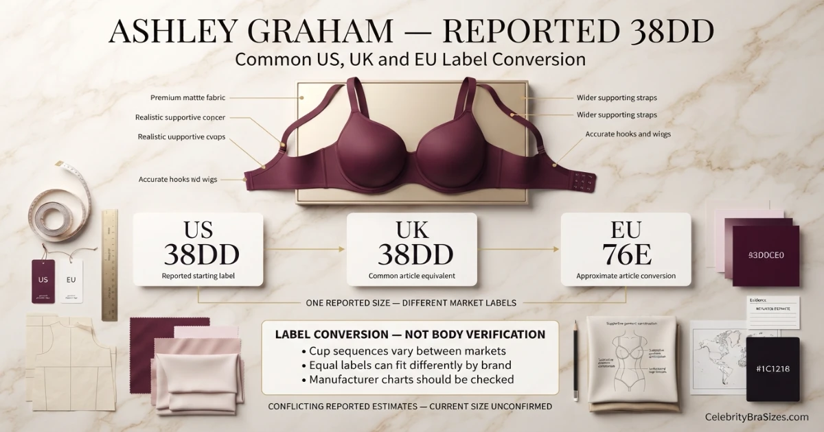 Ashley Graham reported 38DD bra size conversion guide for US UK and EU sizing