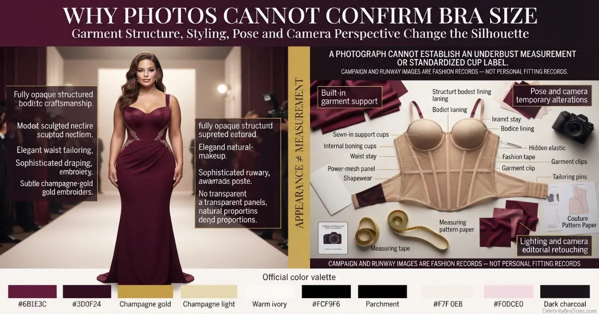 Ashley Graham style and garment support context explaining why photographs cannot confirm bra size