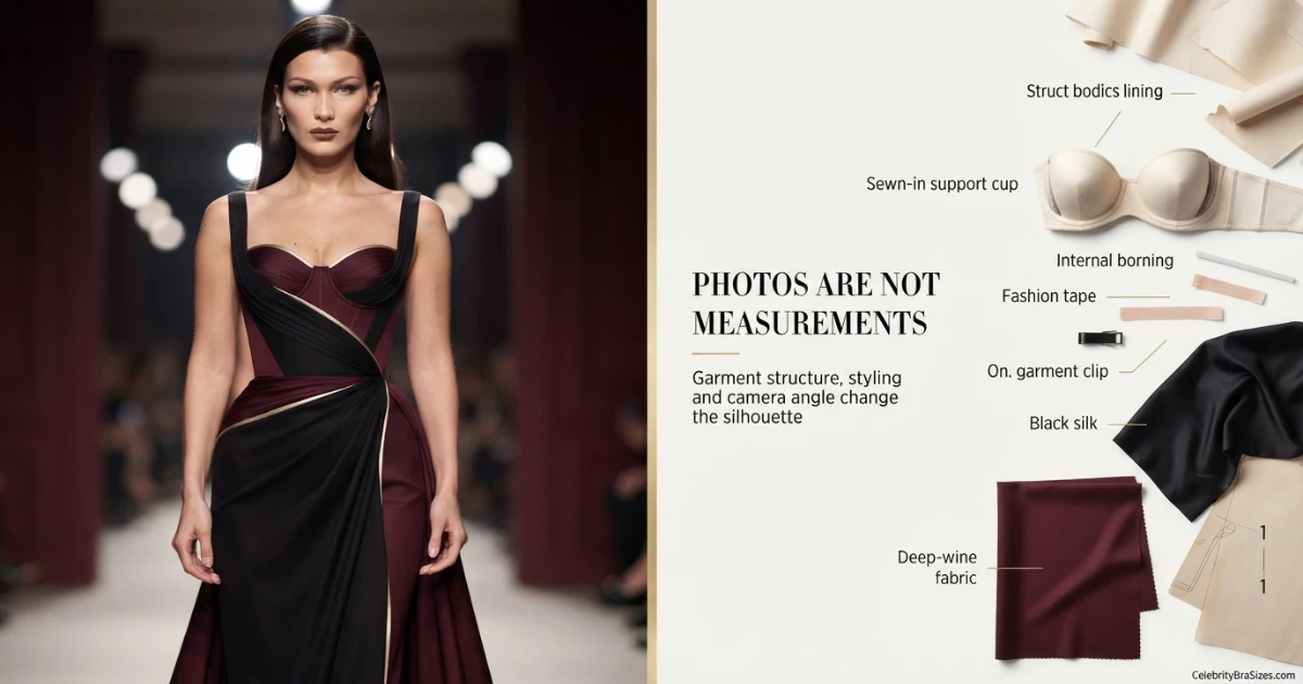 Bella Hadid style and garment support context explaining why photographs cannot confirm bra size