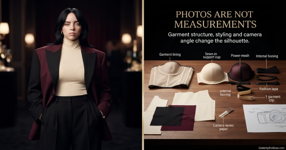 Billie Eilish style and garment support context explaining why photographs cannot confirm bra size