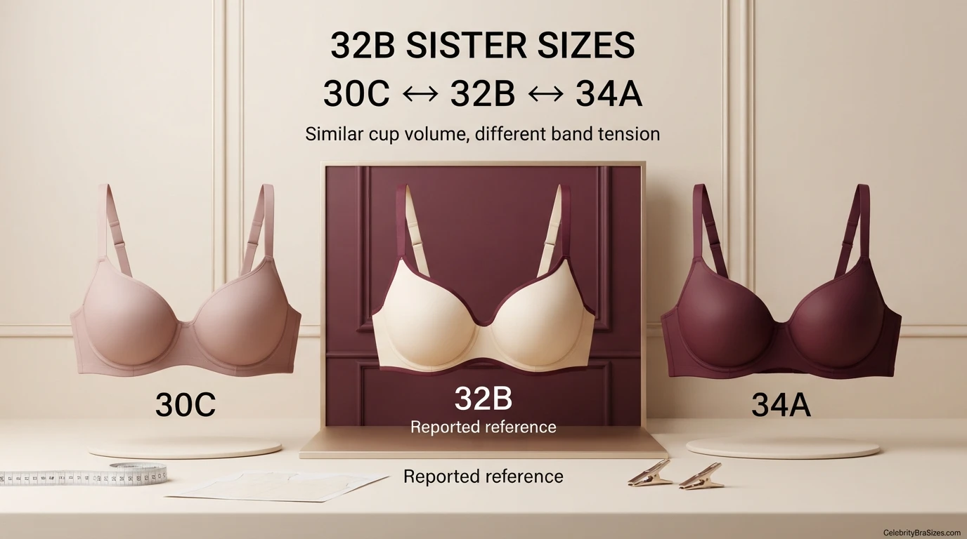 Dua Lipa reported 32B sister size guide showing 30C and 34A