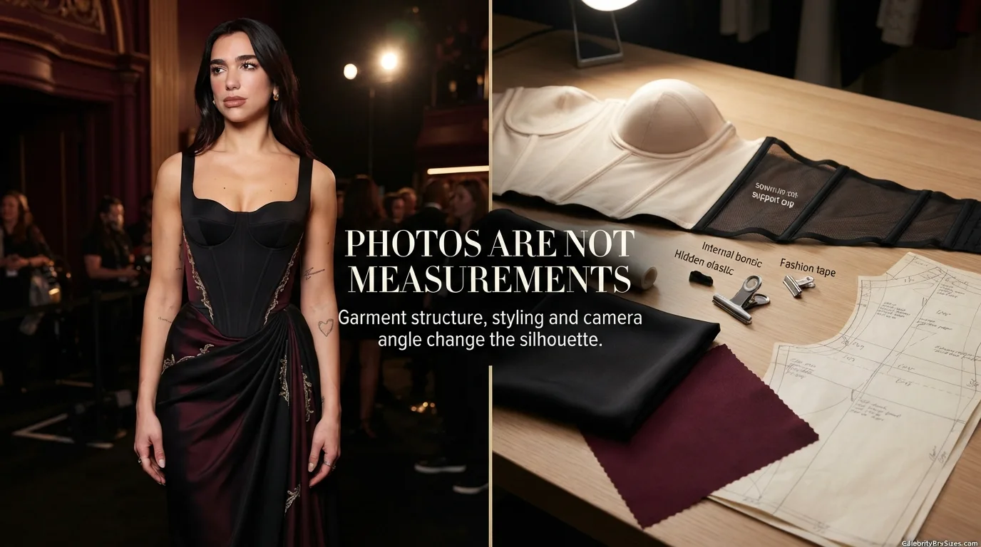 Dua Lipa style and garment support context explaining why photographs cannot confirm bra size