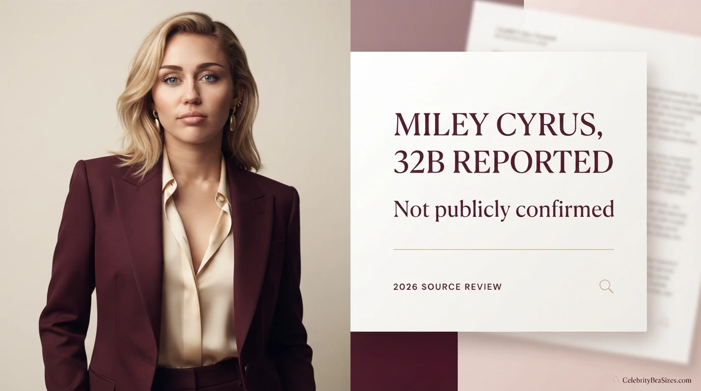 Miley Cyrus bra size source guide showing the 32B reported claim and its evidence status