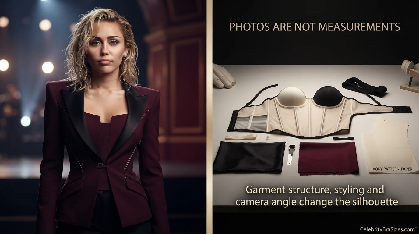 Miley Cyrus style and garment support context explaining why photographs cannot confirm bra size