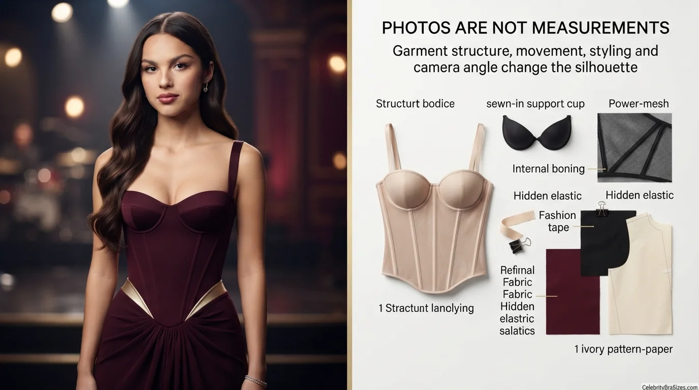 Olivia Rodrigo style and garment support context explaining why photographs cannot confirm bra size