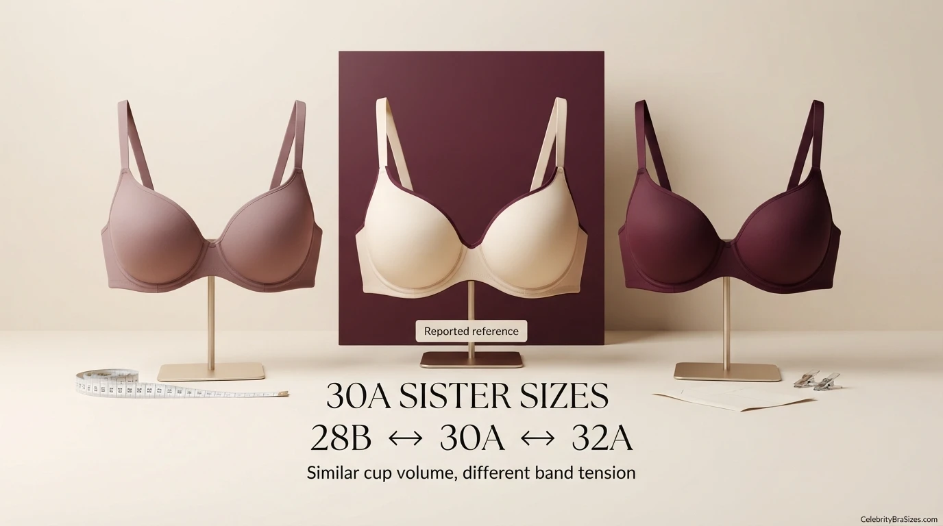 Sabrina Carpenter reported 30A sister size guide showing 28B and 32A