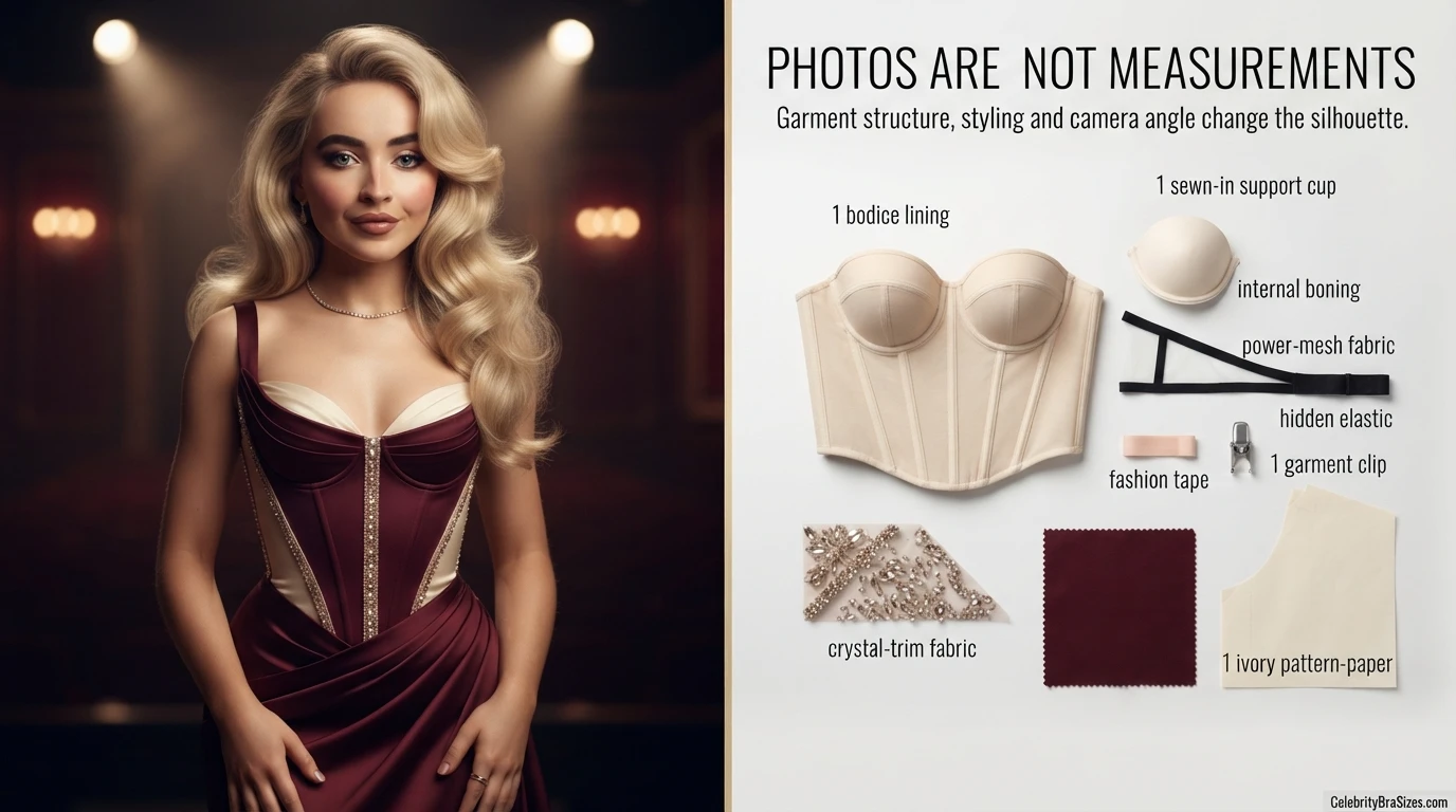 Sabrina Carpenter style and garment support context explaining why photographs cannot confirm bra size