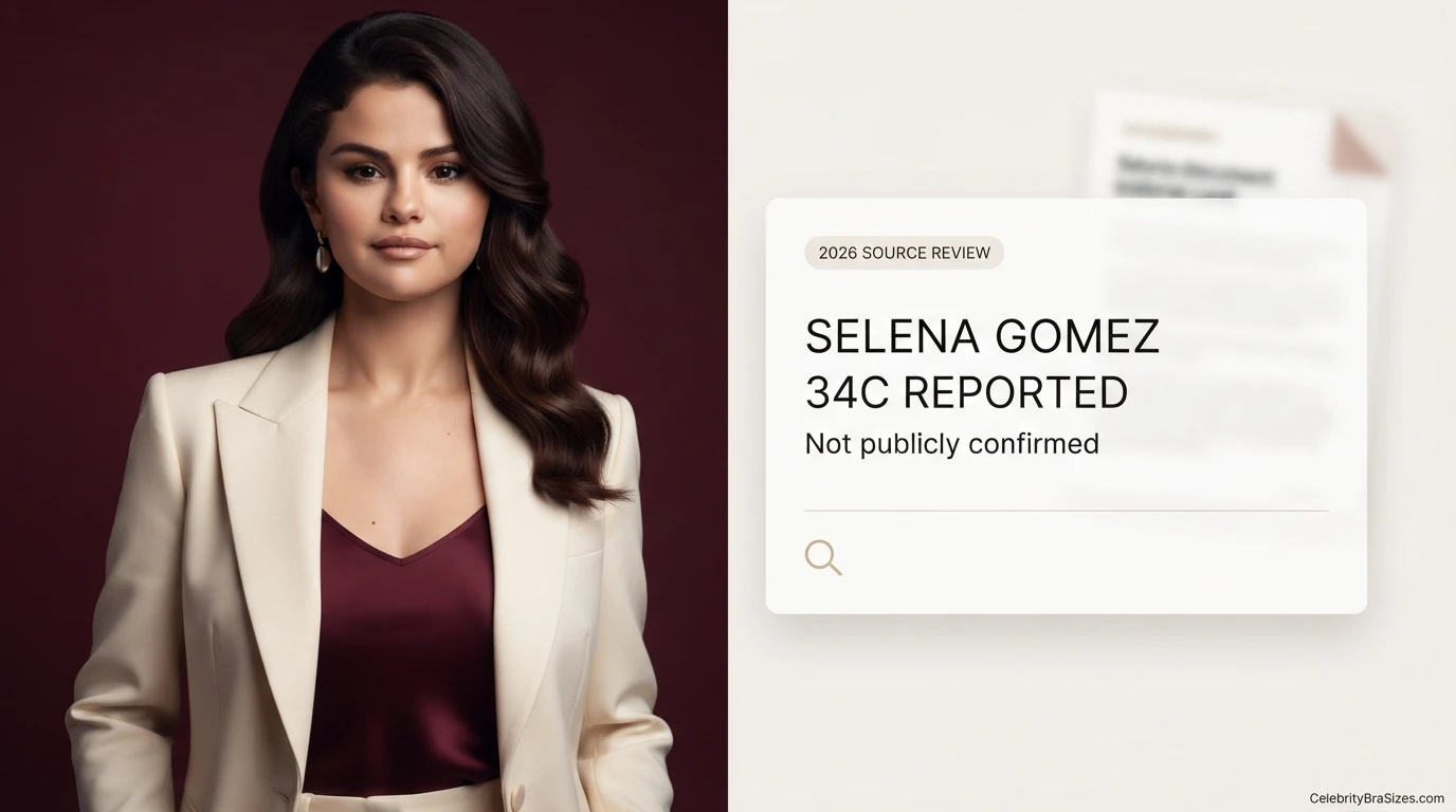 Selena Gomez bra size source guide showing the 34C reported claim and its evidence status
