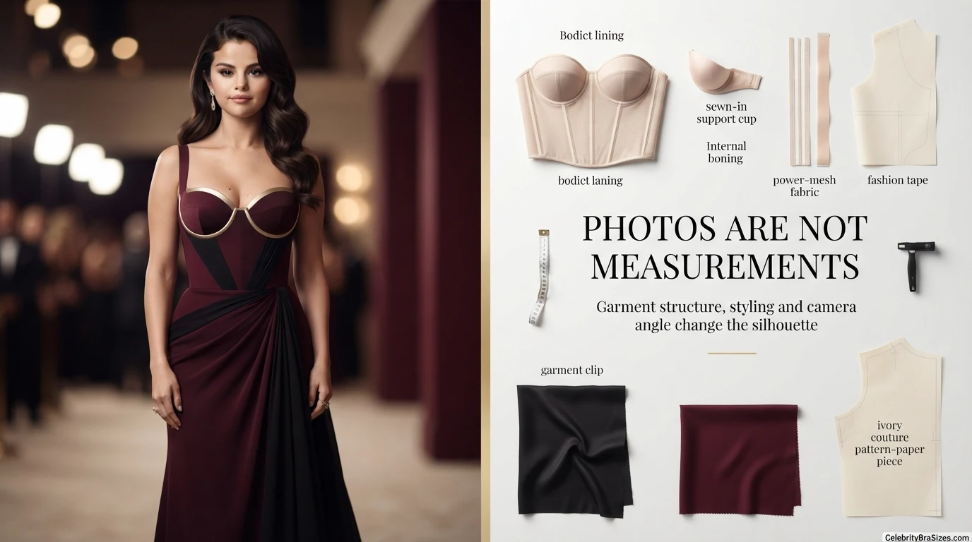 Selena Gomez style and garment support context explaining why photographs cannot confirm bra size