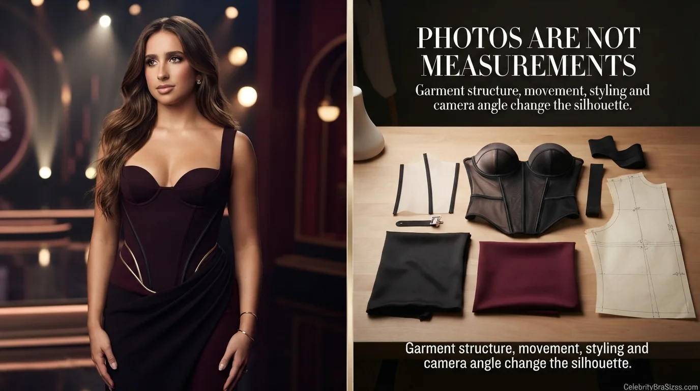 Tate McRae style and garment support context explaining why photographs cannot confirm bra size