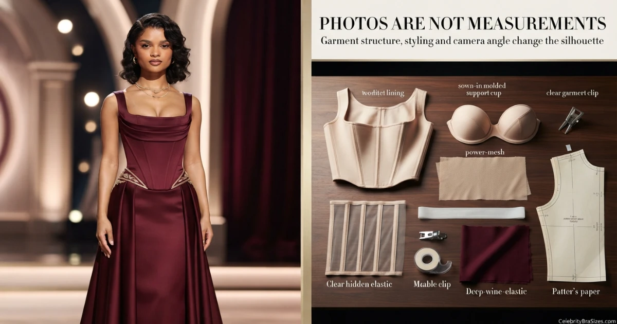 Tyla style and garment support context explaining why photographs cannot confirm bra size